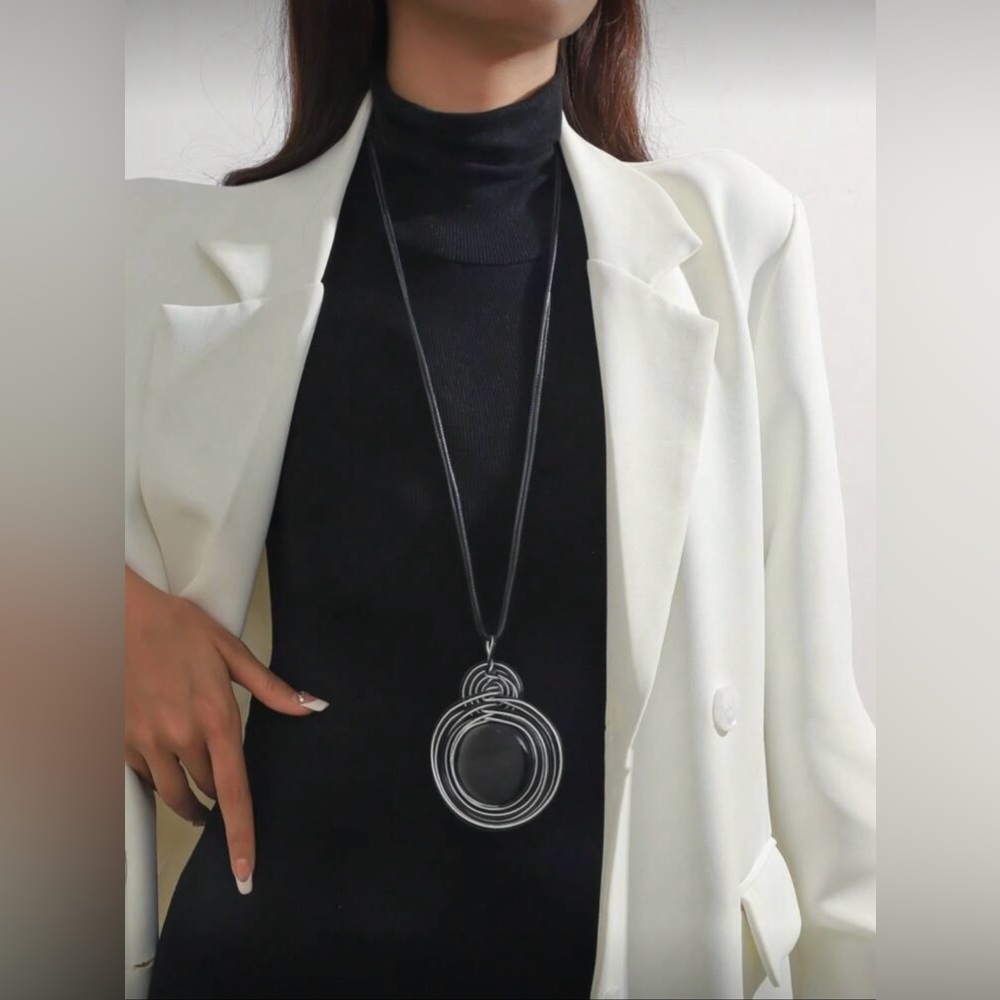 NWT Black & Silver Pendant Necklace Long Cord Spiral Circle Modern Boho 31.5”+Ex